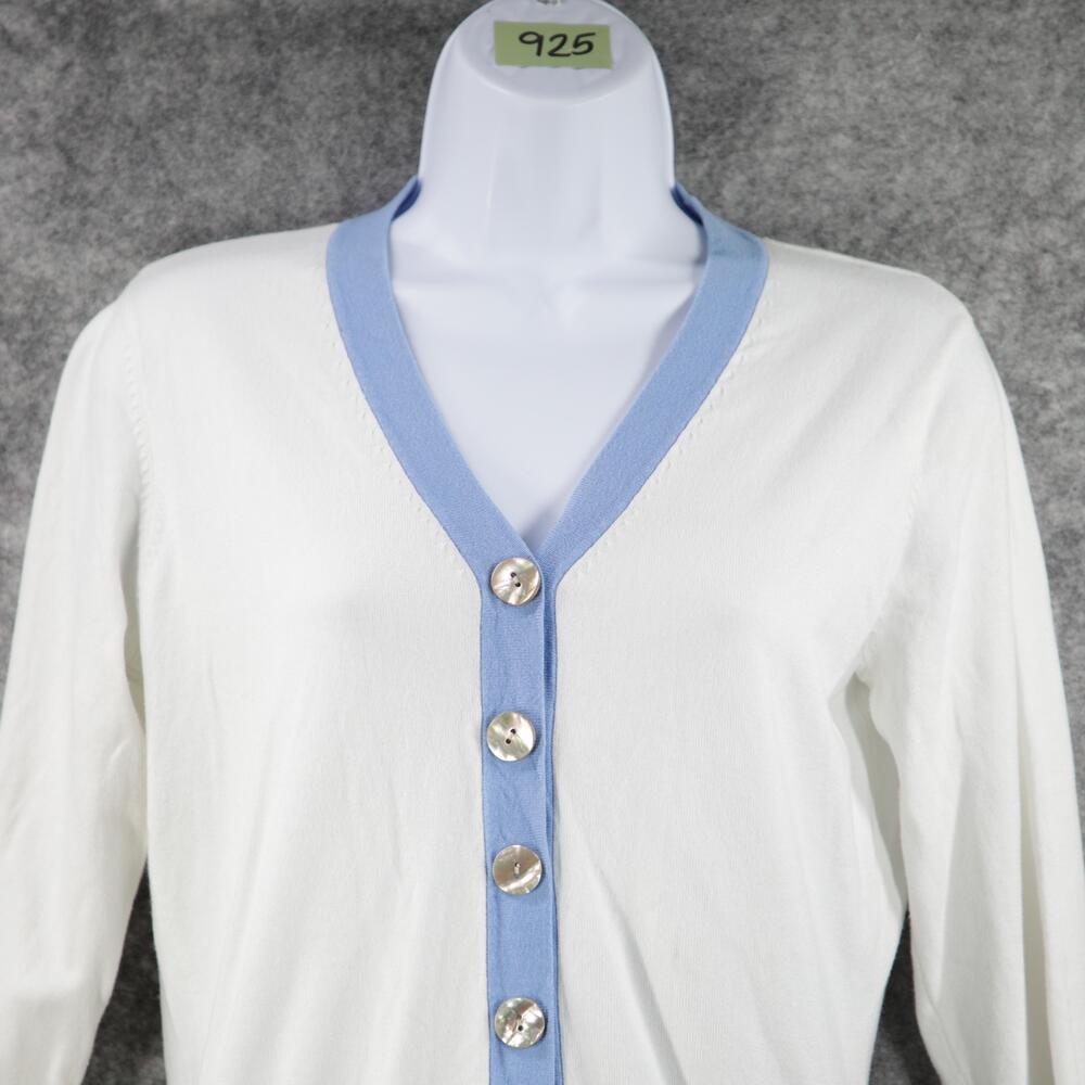 J McLaughlin Sweater Womens Small White Blue Button Cardigan Pockets Lightweight - Picture 2 of 11